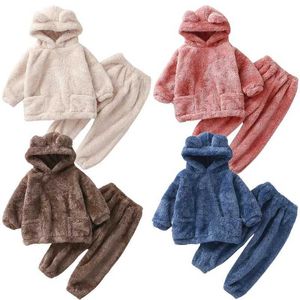 Conjuntos de roupas outono inverno roupas de bebê conjunto flanela velo com capuz moletom calças 2pcs infantil loungewear menino meninas roupa grossa crianças sleepwear