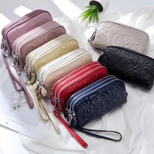 Carteiras de couro genuíno das mulheres carteira com zíper cartão pequena bolsa de mudança para bolsa feminina grande capacidade pulseira telefone saco de embreagem