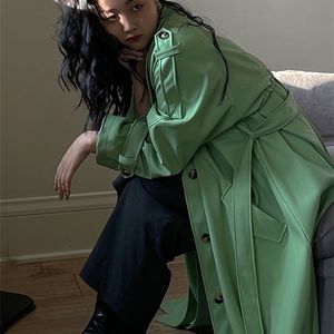 Женские куртки Lautaro Spring Oversized Длинный Зеленый Черный Мягкий Тренч из искусственной кожи для женщин Однобортный модный ремень с рукавами реглан 231124