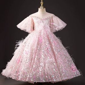 Federrosa Blumenmädchenkleid Kristalle Perlen Mädchen Kleider Pailletten Bug Prinzessin Ballkleider geschwollene Tüll Erste Kommunionröcke O-Neck Kinderhochzeitsfeier Dres