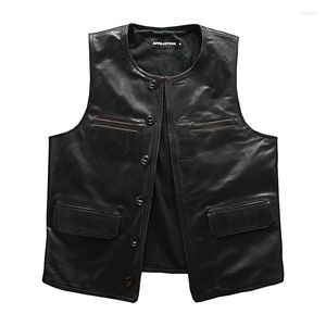 Men's Vests Japanese Vintage Genuine Leather Vest Mens Horsehide Waistcoat Motorcycle Biker Collarless Sleeveless Real Jacket