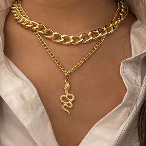 Gold Snake Pendant Necklace Double Layer Cuban Link Chains Set for Women Lady Silver Color Fashion Design Party Street Choker Necklaces Animal Punk Hip Hop Jewelry