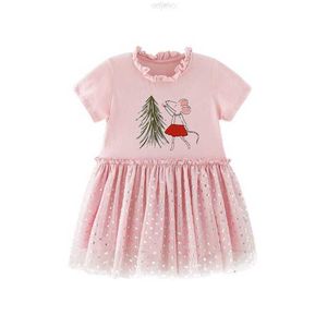 Kläder sätter västra butik grossist sommartecknade djur rufsar gasar rosa korta ärmar prinsessa baby flickor klänning design