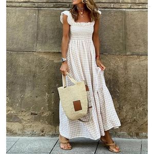 Casual Dresses Frauen Boho Strandkleid Eleganter quadratischer Kragen Plaid Sommer Vintage Plissee Dressre Y2K Cloting Sleeveles Maxi