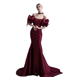 JEHETH Elegant Burgundy Satin Long Mermaid Evening Dresses Big Bow Sleeves Party Gown Strapless Back Lace-Up Formal Women