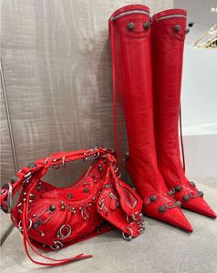 Red Leather Stiletto knee-high boots Vintage gun color threaded buckle decoration Side zipper pointed toe tassel High Luxury Designer fashion boot ashion shoes