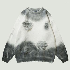 Herrtröjor retro tie-dye y2k stickad herr streetwear harajuku orolig hål jumper hösten casual lös o-hals pullover par