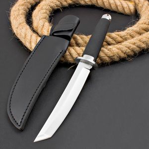 Hot Outdoor Fixed Blade Tactical Knife 440C Satin Tanto Point Blade Rubber Plastic Handle Straight Knives with Leather Sheath