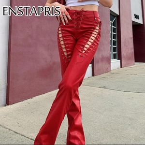 Capris Faux PU High Waist Lace Up Bandage Leather Pants Streetwear Red Hollow Out Skinny Straight Trousers Spring 2021 Pantalones Mujer