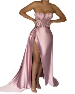 Sexy lange trägerlos trägerloser rosa Luxus Abendkleid mit schlitz satin ärmellose promikte formelle party kleid bodenlange