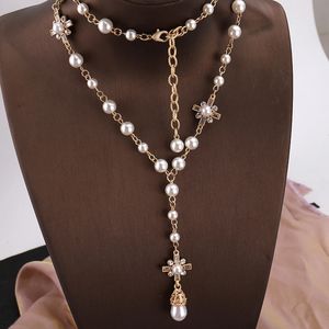 Chokers Korean Fashion Pearl Long Double Layer Pendant Necklace Sweater Chain Accessories 231127