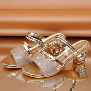 Sandals 2023 Women's Heels Gold Shoes House Slippers For Women Slides Bling Female Fashion Casual Ladies Footwear Woman