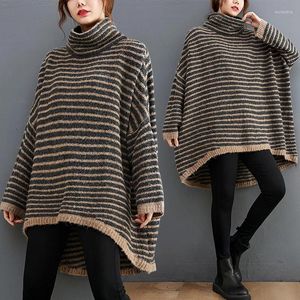 Women's Sweaters Autumn Winter Loose Striped Women Mid-Length Sweater Turtleneck Literary Asymmetrical Casual Patchwork Long Sleeve