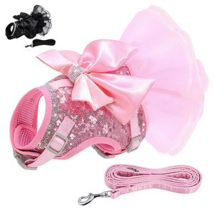 Leads Bowknot Cat Dog Harness Leash Set Lace Crystal Puppy Vest 150cm Lead Nylon Breathable Kitten Harness Dress For Cats Small Dogs