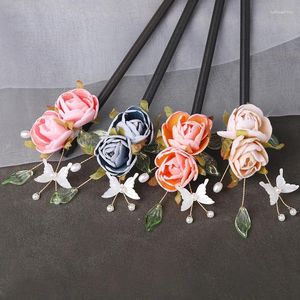 Hair Clips Vintage Blue Pink Rose Flower Butterfly Hairpin For Women Stick Bun Fork Wedding Chinese Accessories