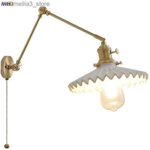 Wall Lamps IWHD Pull Chain Switch LED Wall Lamp Beside White Ceramic Copper Long Arm Stair Light Nordic Modern Wandlamp Applique Murale Q231127