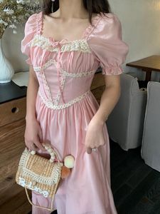 Vestido verão rosa rosa vintage France Fairy Dress Lace renda elegante festa de noite vestido midi Mulheres manga de manga soprada de estilo coreano Doce 2022 NOVO