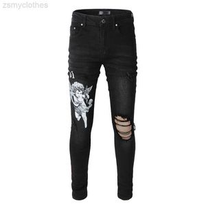 Men's Jeans Men's Black Streetwear Jeans Fashion Fit Hollow Out Damaged Holes Printing Letters Angel Pattern Printed Skinny Stretch Jeans