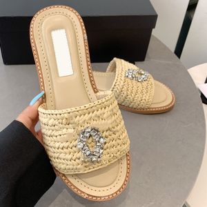 Sandali con tacco piatto da donna Pantofola con cinturino in strass intrecciato Ciabatte nere retrò Designer Ladies Slip On Mules Ragazze Scarpe casual da esterno con sacchetti per la polvere Infradito di lusso