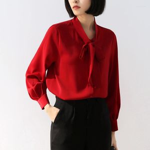 Women's Blouses Office Lady Shirts Formal OL Korea Style Stand Collar Chiffon Tops Red White Lantern Sleeve Clothes Temperament Women