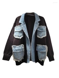 Kvinnors stickor Långärmad kläder Koreansk chic kostymjacka 2023 Autumn Denim Patchwork Blazer Vackra rockar Löst mode