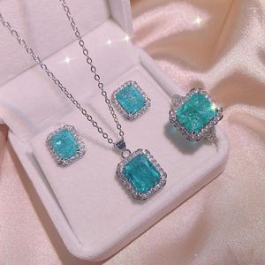 Necklace Earrings Set 2023 Silver Color Princess Cut Paraiba Tourmaline Gemstone Jewelry Female Wedding Bridal Ring Earring