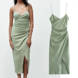 Lässige Kleider Welken Französischer Landhausstil Hellgrün Plissee Sommer Sling Kleid Mode Damen Elegant Slim Midi Damen