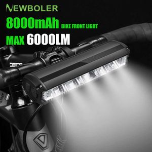 Велосипедные светильники Newboler Bicycle Light Front 6000 Продолжительный велосипедный велосипед 8000 мАч Водонепроницаемый фонарик USB Зарядка MTB дорожные велосипедные аксессуары P230427