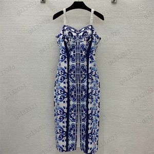 Summer Dresses Fashion Brand Color Patchwork Print Design Sleeveless Suspender Dress Front Slit Corset Waist Slimming Sexy Style Maxiskit womens clothing