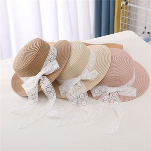 CAPS HATS Kids Straw Floral Embroidery Lace Bowknot Fisherman Cap Sun For Summer PinkBeigecoffee 230426