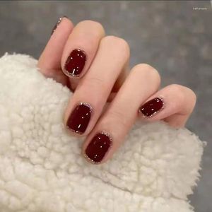 False Nails 24st Shiny Short Square Nail With Sticker Wine Red Classic French Artificial Fake Diy Full Cover Tips Manicure Tool