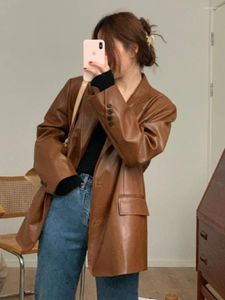 Women's Leather Brown Suit Jacket Women 2023 Spring Autumn Korean Loose Slimming Retro Harbor Style Coat Black Blazers