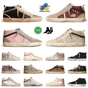 Berömda High Top Golden Sneakers Mid Star Casual Shoes Mäns Kvinnor Svart läder med mocka Glitter Slide White Pink Suede Designer italienska varumärkesplattformstränare