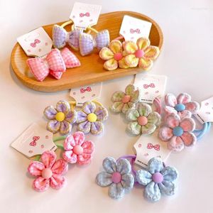 Hair Accessories 40pcs/lot High Quality Sun Flower Elastic Bands Kid Claw Braid Small Rope Pink Fresh Plaid Bow