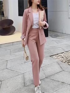 Calças femininas de duas peças moda mulheres blazer conjunto de duas peças escritório senhora magro sólido chique pantsuits feminino formal roupas de negócios roupas 231127