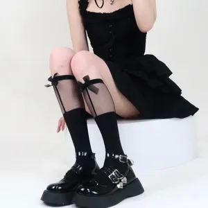 Meias femininas joelho preto estilo japonês doce meninas rendas arco meias jk lolita náilon longo retalhos sheer kawaii 1 par