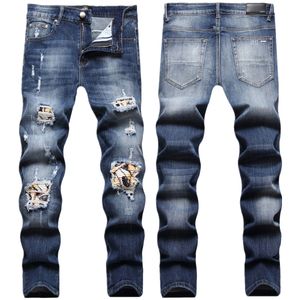 Men's Jeans European Jean Hombre Letter Star AM tiny spot Men Embroidery Patchwork Ripped Trend Brand Motorcycle Pant Mens Skinny AM1179# size 28-42