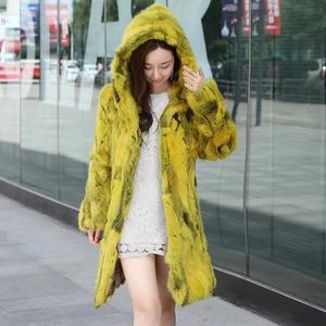 Fur Hooded Real Fur Coat Mixed Colors Natural Rabbit Fur Women Winter Jacket With Hood Low Discount Outlet Sale Fur JZ045