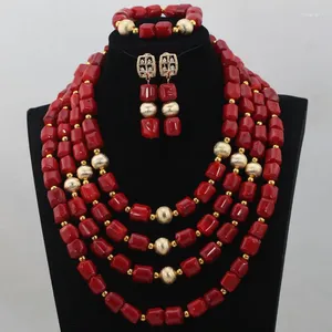 Necklace Earrings Set Gorgeous Women Red Coral Beads Dubai Costume Bridal Jewelry CNR581