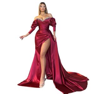 JEHETH Elegant Mermaid Satin Evening Dresses Long Off Shoulder 3/4 Puff Sleeves Pearls Slit Women Formal Special Prom Gowns