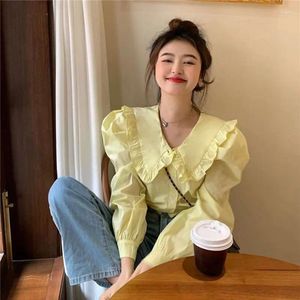Women's Blouses Clothing Single Button Up Peter Pen Collar Long Puff Sleeve Linen Shirt Chic Office Ladies Tops Blouse 2024 F234