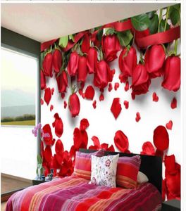 3D ścienne murale tapety Piękna romantyczna miłość czerwony kwiat róży płatek telewizja tła ściana 3D natura tapety7239946