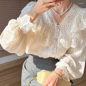 Blusas femininas vintage blusa feminina primavera verão design elegante babados camisa de renda feminino estilo coreano doce decote em v manga longa puff topo