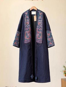 Casacos de trincheira femininos casaco de inverno original estilo étnico bordado tamanho grande algodão-acolchoado roupas vintage solto outerwear acolchoado longo