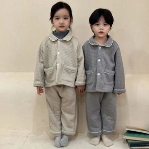 Pajamas Kid Plaid Cotton Pyjamas Suit Autumn Winter Homewear Clothes Boy Girl Baby Solid Casual Tops Pants 2pcs Children Set 231127