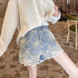 Women's Shorts Denim Womens Summer Fashion Lace High Waist Jean Loose Perspective Beading Jacket Sun-proof Outerwear