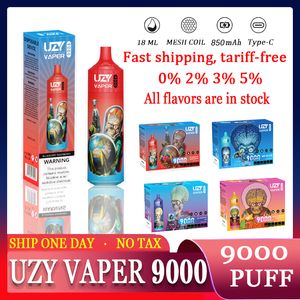 Vape 9000 Puffs Puff 9k UZY vaper 9000 Оригинальные одноразовые электронные сигареты Vape Особенности Сетчатая катушка 18 мл Одноразовые Vapes Pen Tornado 9000 0/2/3/5% Перезаряжаемая 850 мАч RGB