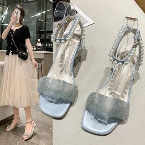 Kleidschuhe Roman Chunky Heel Sandalen für Frauen 2023 Fairy Style High Mid Lace Soft-Looking Pearl 4355