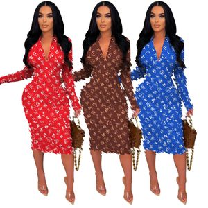 Sexy Deep V-neck Dresses Women Casual Print Long Sleeve Bodycon Pencil Dress Free Ship