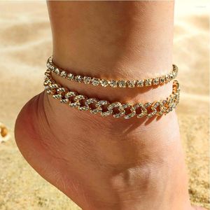 Anklets Ins Bling Crystal Miami Cuban Anklet Tinnis Chain for Women Men Men Fashion Shine Rhinestone Foot Summer Beach Biżuteria